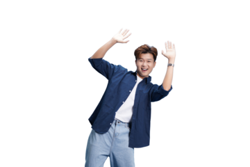 Joyful Expression: A smiling individual with arms raised, radiating enthusiasm and happiness, against a blank space. Capturing the essence of positivity and excitement.