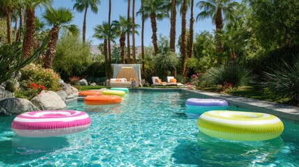 Obraz premium Colorful Pool Floats in Bright Tropical Oasis under Clear Blue Sky