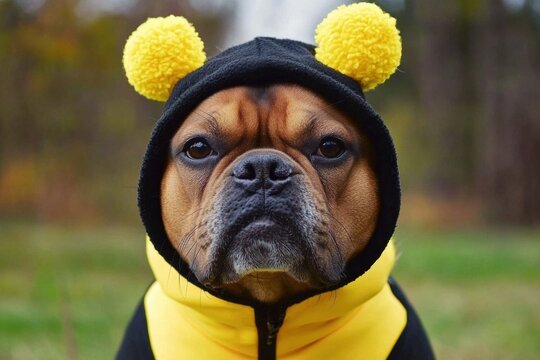 Close-up dog wearing bee costume boxer breed brown Portrait of a sulking