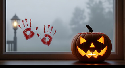 There's something wrong with this fog... a peaceful pumpkin and an ominous Bloody handprint window: Halloween pumpkin with glowing face near window with handprints  