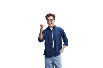 Optimistic Expression: An individual exudes positive energy, with a fist pump and a look of triumphant accomplishment, conveying confidence and determination.