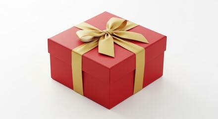 Fototapeta premium Square red gift box with gold ribbon isolated on white background, celebration and holiday concept