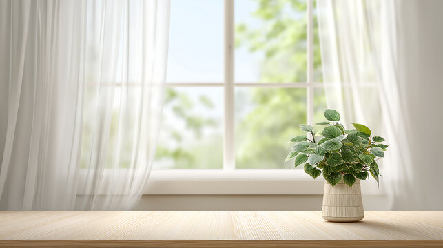 Indoor plant near window with curtains home decor product background