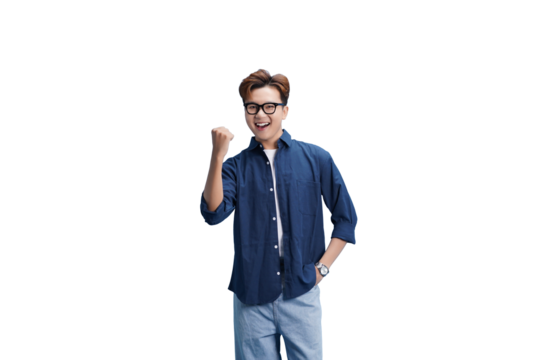 Optimistic Expression: An individual exudes positive energy, with a fist pump and a look of triumphant accomplishment, conveying confidence and determination.