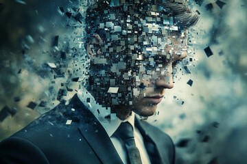 Generative AI glitch art of successful digital freelancer or businessman with distorted face and abstract technology effect