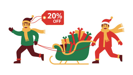 Holiday Dash: Festive figures race with a sled brimming with gifts, advertising a tempting discount, embodying the rush and excitement of holiday shopping.