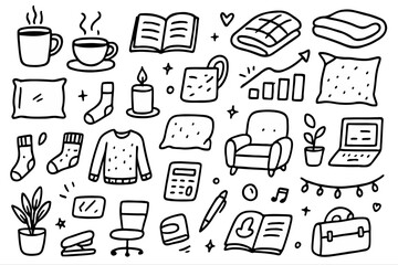Hand-drawn doodle vector set of cozy lifestyle elements, illustrated in a warm sketchy style, isolated on white background
