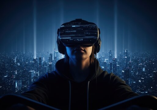 Futuristic vr headset user immersed in digital cityscape of glowing skyscrapers and digital light effects.