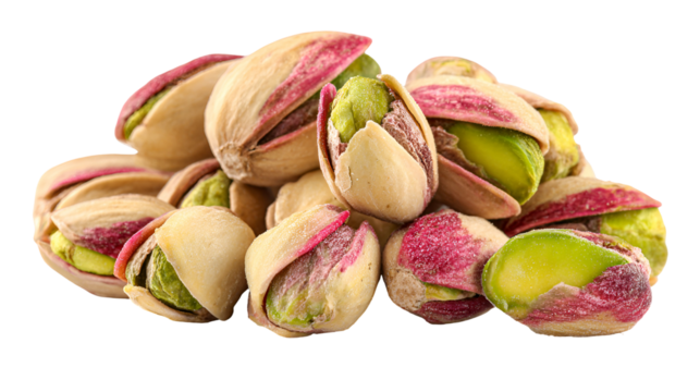 Pile of fresh pistachios with vibrant green kernels and pink hues