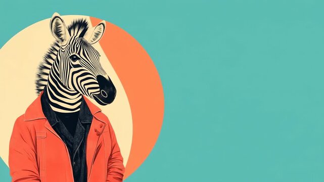 Stylish zebra wearing orange jacket on colorful background with retro modern design