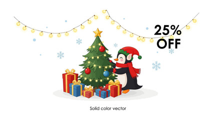 Christmas Penguin and Gifts: A cheerful penguin decorates a Christmas tree, surrounded by wrapped gifts, string lights, snowflakes and the words of offer. conveying a sense of warmth and festive joy.
