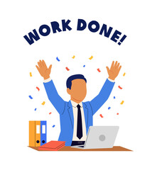 Businessman celebrating success at workplace. Hands raised, laptop and files on desk, achievement and productivity concept. Modern corporate office illustration.