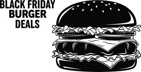 Grab amazing Black Friday burger deals with this eye catching promotional graphic featuring a delicious burger. detailed vector drawing with solid fills