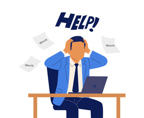 Stressed office employee holding head with flying papers and laptop. Work pressure, office anxiety, burnout and corporate stress illustration.
