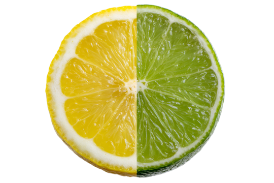 Half lemon half lime citrus fruit slice isolated on black background