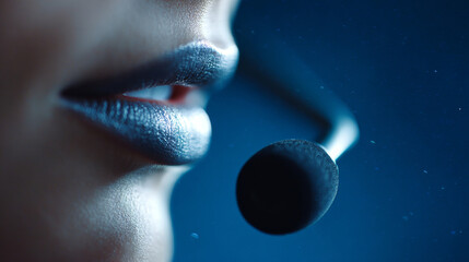 A woman's lips with metallic blue lipstick and a black sphere floating in space behind her mouth