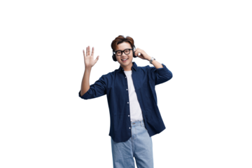 Joyful Melodies and Welcoming Gesture: A stylish person, lost in music with headphones, extends a warm, friendly hand. The image captures the joy of listening and the invitation to connection.