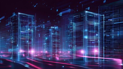 Futuristic data center illustration depicts a glowing cloud network digital innovation concept