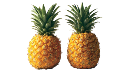 Two ripe golden pineapples with green leafy crowns against a black background