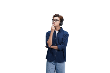 Contemplative Study: A focused individual, adorned with glasses and headphones, delves deep into thought, capturing a moment of concentration and study.