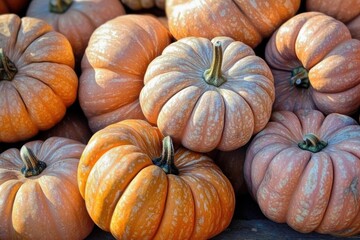 Pile small pumpkins are different sizes shapes of beautiful light