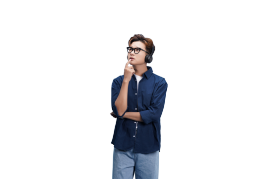 Contemplative Study: A focused individual, adorned with glasses and headphones, delves deep into thought, capturing a moment of concentration and study.