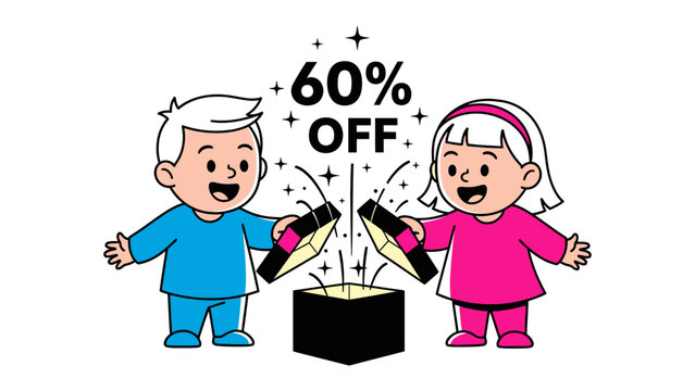 Children's Offer: A whimsical illustration features two children unveiling a magical box, revealing a tempting 60% OFF deal, perfect for promotions and sales.