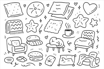 Hand-drawn doodle vector set of pillows and cushions, illustrated in a soft playful style, isolated on white background
