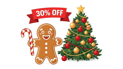 Festive Christmas Sale: A heartwarming illustration showcases a smiling gingerbread man and adorned Christmas tree to celebrate holiday sales