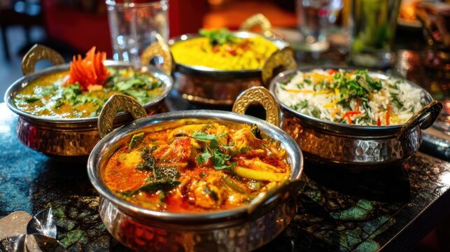 A variety of Indian dishes, including rich curries and fragrant rice, are served in decorative bowls at a lively restaurant. The setting is warm and inviting.