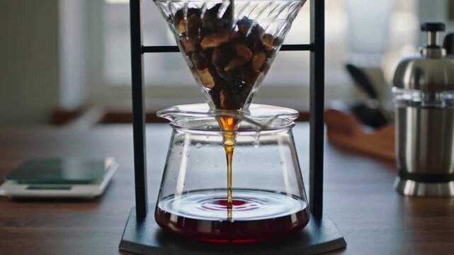 Slow-drip tower infusing chaga mushroom cold brew, dark amber stream flowing through glass, symbolizing earthy wellness, adaptogenic energy, and mindful craft of natural brewing balance.