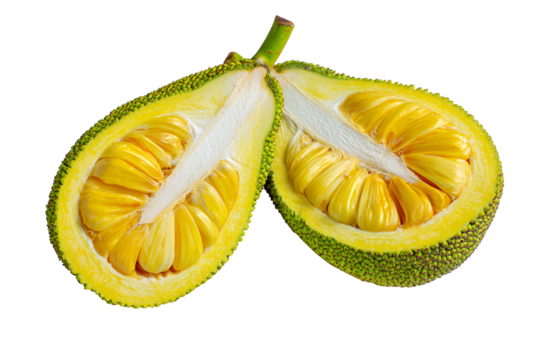 Freshly cut tropical fruit showing yellow flesh and seeds against a black background