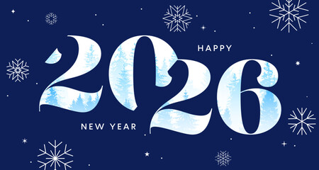 2026 card design, winter New Year logo, snow background