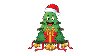 Festive Christmas Tree with Present: A jovial and festive Christmas tree is all smiles, holding a red present adorned with a golden ribbon, ready to celebrate the season with a cheerful heart.