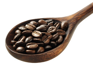 Fototapeta premium Close up of roasted coffee beans filling a rustic wooden spoon against a black background