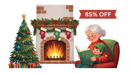 Cozy Christmas Story: A warm illustration capturing a magical Christmas scene. An elderly woman and a child are immersed in a fairy tale near a decorated Christmas tree and fireplace.