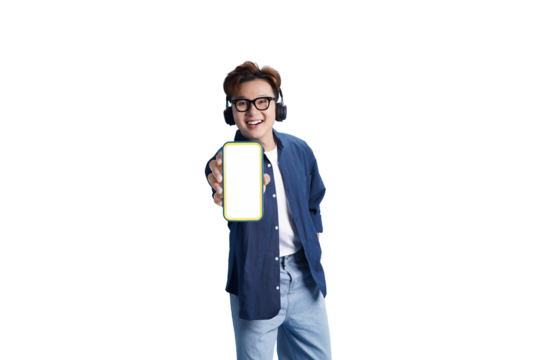 Digital Serenade: A smiling individual, equipped with headphones and glasses, presents a blank smartphone screen, capturing the essence of digital connection and auditory delight.