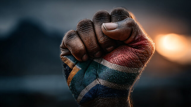 A raised fist in front of the South African flag, symbolizing unity, strength, and resistance. The fabric of the flag waves powerfully in the wind behind the clenched hand