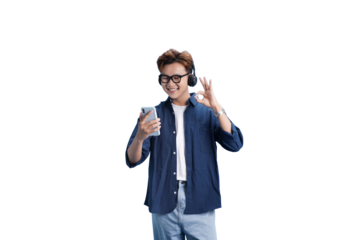 Music Enthusiast: An individual immersed in the world of music, donning headphones and holding a phone, radiating positive energy. He gives the okay gesture.