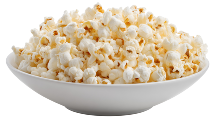 A generous bowl of fluffy freshly popped popcorn against a stark black background