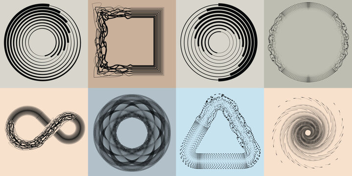 Art composition with lines in circle and semi circle shapes .Modern art design .Neutral color stripes .Transition speed lines. Geometric shape. Wall art
