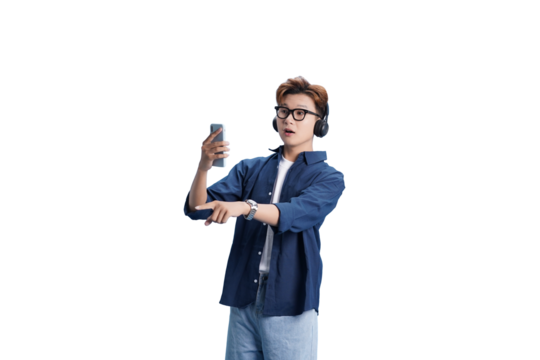 Modern music enthusiast: An individual immersed in the world of music, using a phone and headphones to listen, lost in his own world.