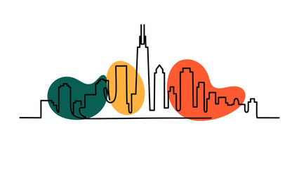 City Skyline Sketch: A minimalist line drawing captures the essence of a city skyline, blending architectural forms with abstract color elements, offering a fresh perspective on urban landscapes.