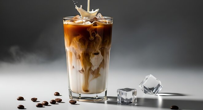 Ice coffee latte with cream being mixed in a tall glass and artistic light reflections