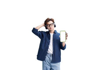 Music Lover Showcasing Device: A stylish individual, immersed in music through headphones, proudly displays a handheld device, perfect for showcasing technology and modern lifestyle. 