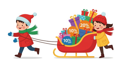 Festive sleigh ride: A joyful boy and girl pull a vibrant red sleigh overflowing with colorful gift boxes, decorated with tempting percentage discounts.