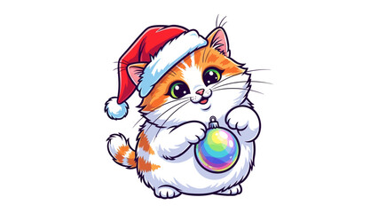 Festive Kitten: An adorable kitten adorned in a Santa hat, holds a colorful Christmas ornament, embodying the holiday spirit of joy, wonder, and anticipation.