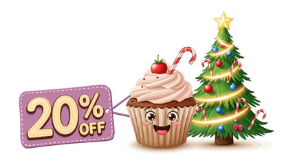 Festive Bakery Deal: A delightful cartoon cupcake and a decorated Christmas tree with a 20% Off price tag celebrate the holiday season, embodying festive joy and special offers.