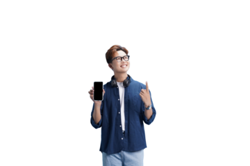 Tech Savvy Youngster: A tech-savvy individual, radiating joy, holds up a smartphone with an empty screen, inviting a connection to new possibilities, perfect for showcasing your digital content. 