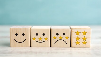 Customer experience and satisfaction concept wooden blocks with smile and sad face and five star icon customer service evaluation